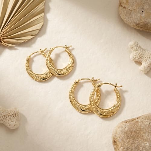 14K Gold Earrings for Women 14K Gold Hoop Earrings for Women Gold Hoop Earring for Womens Hoops Layered Textures and Subtle Bead Accents Hoops Earring for Womens 22/25 mm (25mm)