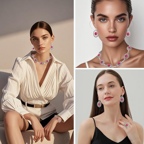 4 PCS Western Turquoise Jewelry for Women Boho Vintage Navajo Pearl Necklace Earring Bracelet Ring Set Country Cowgirl Accessories for Gift - color: L-Magenta