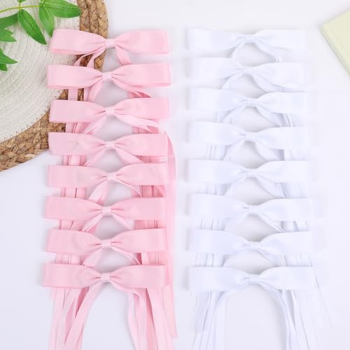 WORTL Hair Bows Clips Coquette Ribbon Bowknot with Long Tail Princess Hair Bows French Barrettes Hair Accessories for Women Girls 16PCS (Pink, White) - color: Pink, White