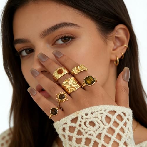Chunky Gold Rings Set for Women Stackable Statement Ring Sets Non Tarnish Adjustable Open Knuckle Rings Irregular Gold Jewelry Set Trendy Prom Outfits Accessories - color: gold2
