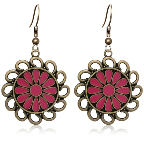 Bohemian Lightweight Vintage Copper Enamel Flower Hollow Dangle Drop Earrings Handmade Retro Circle Floral Hook Earrings For WomenJewelry Gifts - color: Rose Red