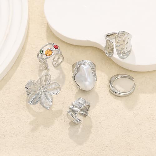 Chunky Gold Rings for Women Non Tarnish Statement Flower Ring Baroque Pearl Stackable Rings Set 6Pcs Chunky Jewelry - color: Silver