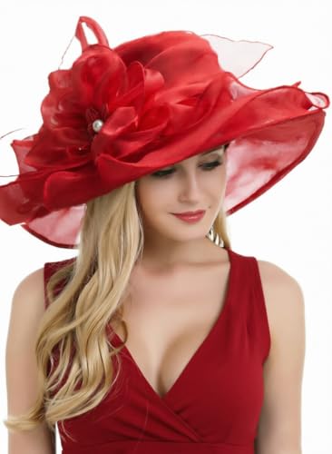 ORIDOOR Women’s Organza Church Tea Party Wedding Fascinator Derby Hat Wide Brim Sun Hats - color: C4-red