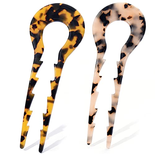 French Hair Pins Tortoise Shell French Hair Forks U Shaped French Pins 2 Prong Hair Sticks Acetate Chignon Pin for Women Hairstyle Accessories 2 Pack - color: tortoise shell hair hins 2 pack