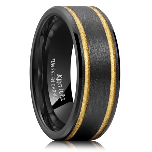 King Will Mens Tungsten Rings for Men Two Tone Grooved Mens Wedding Band Cool - color: Black & Gold Two Groove