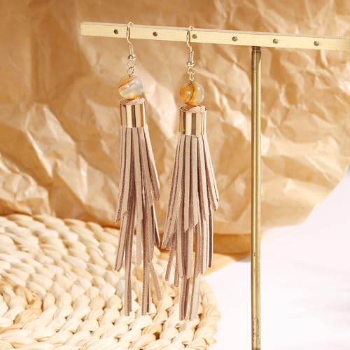 Coiris Boho Leather Layered Tassel Earrings for Women Lightweight Leather Fringe Dangle Earrings Handmade Bohemian Summer Beach Western Drop Earrings for Women - color: Khaki