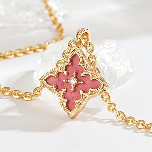 Fettero Gold Clover Necklace for Women Dainty 14K Gold Plated CZ Pendant Necklace Adjustable Chain Choker Charm Colorful Clover Pendant Lucky Necklaces for Women Jewelry - color: Pink Rhodonit