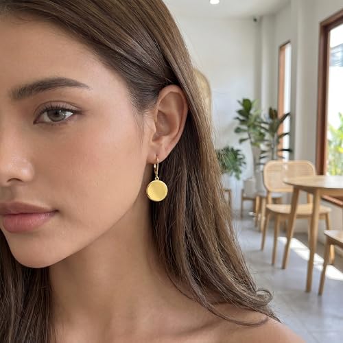 Disc Dangle Earrings for Women, 14K Gold Plated Flat Hypoallergenic Drop Earrings, Silver Classic Coin Leverback Earrings for Women Jewelry Gifts - color: A-14K Gold