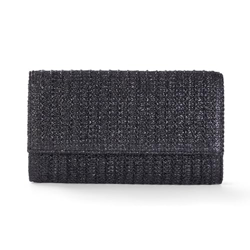 Huralona Women Straw Woven Clutch Purse Pleated Handbag for Summer Beach Vacation Straw Shoulder Crossbody Bag - color: Black3