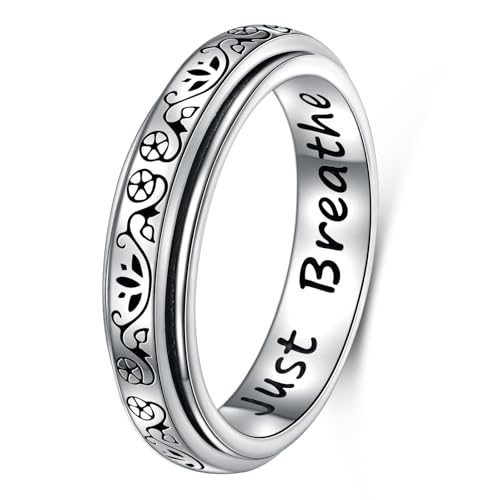 Ladytree Spinner Fidget Ring Sterling Silver Thumb Band for Women Anxiety Ring Platinum Plated Worry Stress Relief Just Breathe Boredom ADHD Autism Rings Boho Jewelry Gift - color: P-lotus just breathe