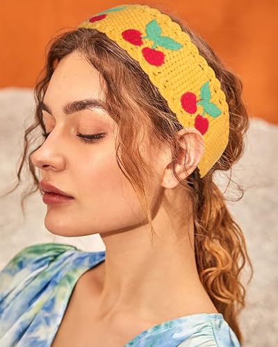 HAIMEIKANG Hippie Hair Bandanas Headbands for Women Boho Headband Knit Hair Bands Floral Head Wrap for Girls(Beige + Blue + Yellow) - color: Beige + Blue + Yellow