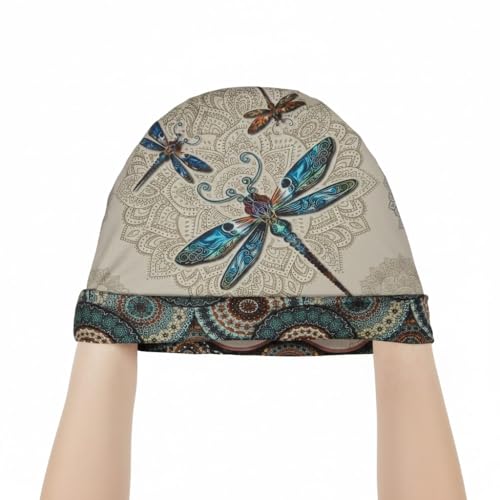 Tenna Teki Women Slouchy Beanie Chemo Hat Cancer Caps for Patient | Autumn Spring Lightweight Comfortable Breathable Beanie for Men - color: Dragonfly Mandala Beige