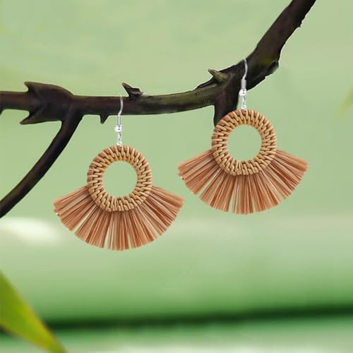 Boho Summer Beach Earrings for Women Lightweight Straw Wicker Earring Statement Raffia Fan Round Tassel Dangle Drop Earrings Hawaii Jewelry - style: Brown Round