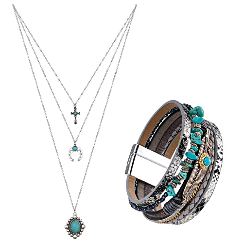 Yowivon Western Jewelry for Women Bohemian Turquoise Jewelry Set Vintage Leather Navajo Pearl Necklace Layer Necklaces Earrings Bracelets Boho Knuckle Rings - style: Boho Style