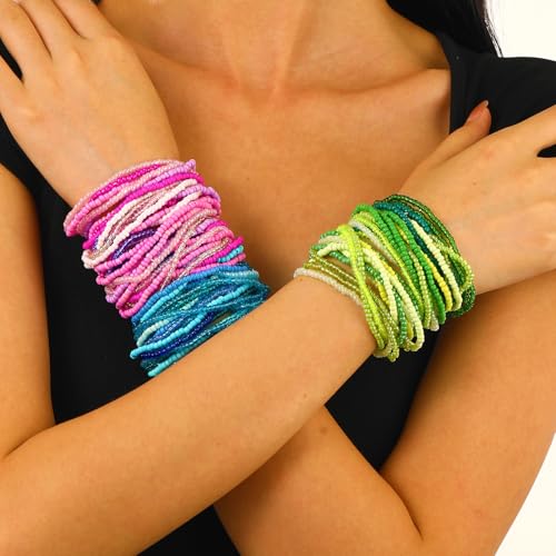 17pcs Bohemian Stackable Multilayer Elastic Bracelets - Handmade Seed Beaded Jewelry for Women & Girls - color: 30Pcs Green