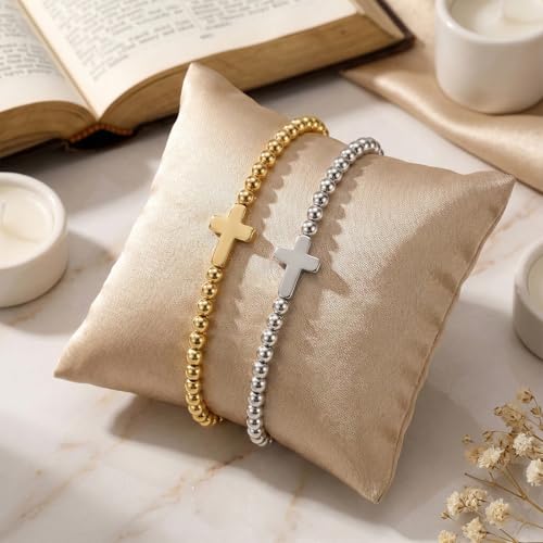 Matching Bracelets for Couple,Gold Silver Beaded Heart Couples Bracelets,Raomantic Relationship Promise Jewelry Gifts for Her - color: Cross