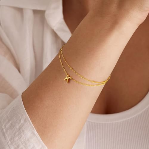 Turandoss Initial Bracelets for Mom Women, Dainty 18K Real Gold Plated Layered Letter A-Z Initial Bracelets Personalized 26 Alphabet Monogram Gold Bracelets for Women Birthday Jewelry Gifts Trendy - color: E