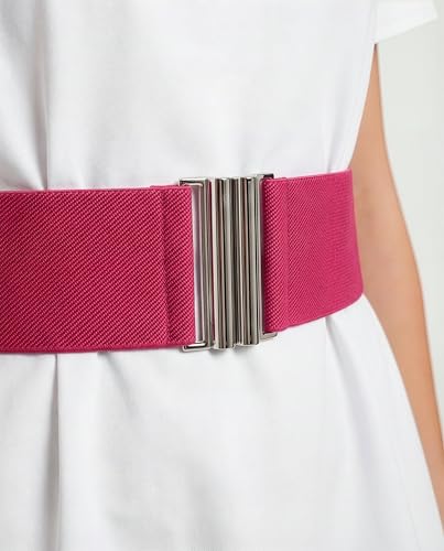 BlackButterfly Wide Elastic Waist Cinch Stretch Waistband Retro Vertical Clasp Buckle Belt - color: Hot Pink, size: Small