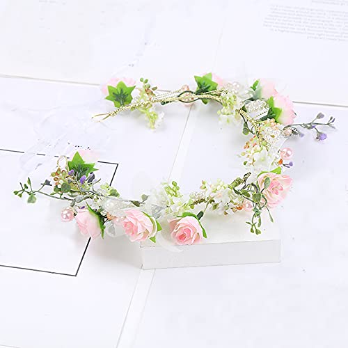 Vivivalue Pearl Flower Crown Floral Garland Headband Flower Halo Headpiece Hair Wreath Boho with Ribbon Party Wedding Festival Photos Pink - color: I