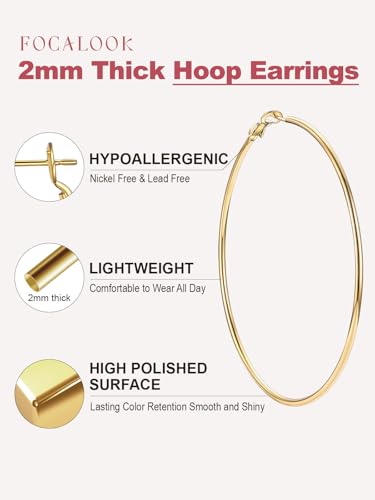 FOCALOOK 14K Gold Plated Lightweight Large Hoops| 2mm Thin Hoop Earrings for Women 30/40/50/70/100mm - color: 01.Gold, size: 60mm