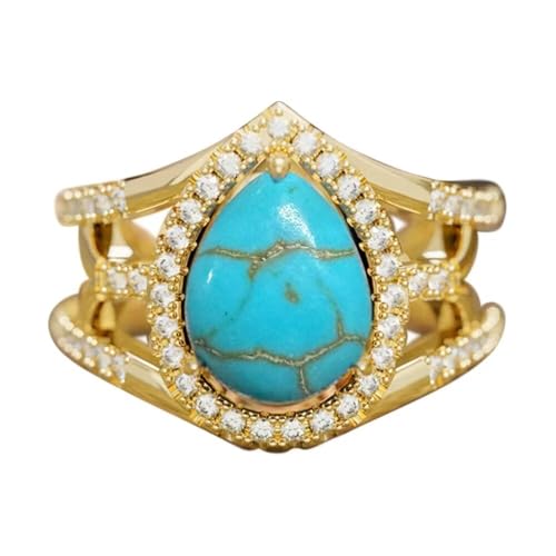 Hsitgexf Water Drop Pear Shaped 14k Gold Plated Blue Turquoise CZ Ring,Retro Boho Chic Jewelry Statement Birthstone Ring Anniversary Wedding Rings for Women Size 6-10（8） - size: US Size 8