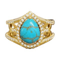 Hsitgexf Water Drop Pear Shaped 14k Gold Plated Blue Turquoise CZ Ring,Retro Boho Chic Jewelry Statement Birthstone Ring Anniversary Wedding Rings for Women Size 6-10（8） - size: US Size 8