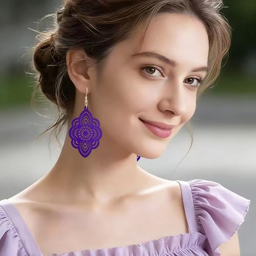 Bohemian Wood Earrings Natural Retro Lightweight Hollow Pattern Geometric Wooden Dangle Drop Earrings Statement Vintage Jewelry - color: Purple