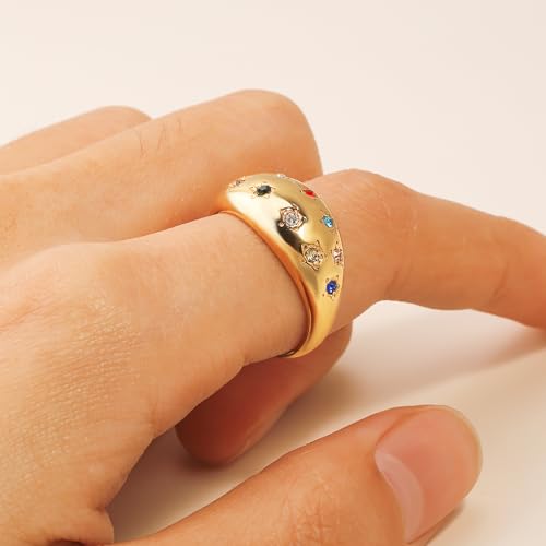 Gold Silver Rings Set for Women Chunky Statement Rings ZC Dome Evil Eye Croissant ring Thick 18K Gold Plated Band Rings - color: multi cz, size: 8