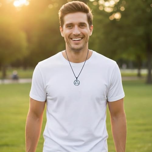 Sobriety Necklace for Men Stainless Steel AA Recovery Triangle Necklace Sobriety Gifts for Men - color: Black
