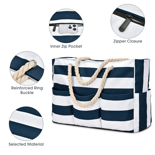 Becokan Beach Bags for Women Canvas Large Beach Tote Bag Zipper Waterproof Sandproof Foldable Swim Pool Bag with 7 Pockets - color: Dark Blue