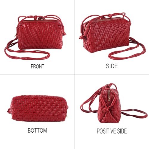 Woven Crossbody Bags for Women Handwoven Purses Vegan Leather Small Handbag Handmade Shoulderbag | Lightweight - color: Red