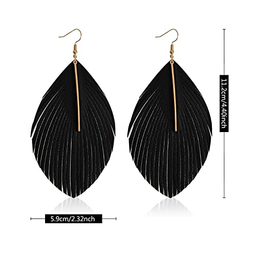 Minimalist Handmade Lightweight Large Soft Faux Leather Fringe Feather Dangle Drop Earrings Bohemian Huge Leaf Hook Earrings with Bar for Women - color: Black
