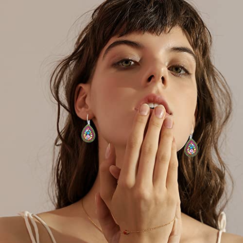 Unique Bohemian Vintage Sparkly Crystal Colorful Round Flower leverback earrings Boho Retro Bronze Circle Beaded Flower Floral Dangle Drop Earrings for Women - color: Colorful 4