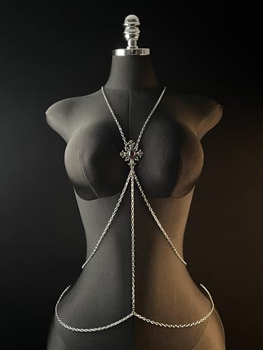 Paloli Gothic Cross Body Chain for Women – Silver Tone Adjustable Waist Body Jewelry, Vintage Filigree Y-Style Harness Necklace for Festival Party Outfit - style: Amethyst Purple
