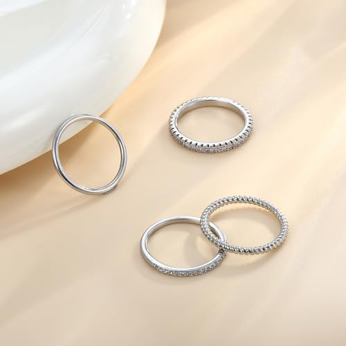 Florideco Stackable Rings for Women 14K Gold Plated Stackable Thin Ring Minimalist Non Tarnish Cubic Zirconia Band Rings Dainty Trendy Statement Stacking Ring Set Size 5-10 - color: Silver Tone
