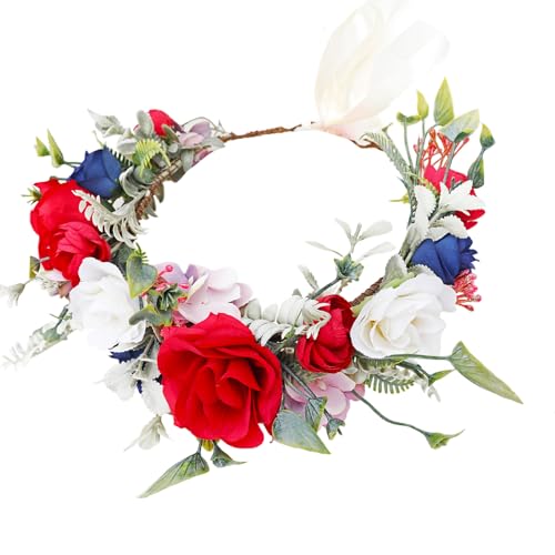 Vivivalue Wedding Floral Crown Women Flower Headband Hair Wreath Floral Headpiece Halo Boho with Ribbon Party Prom Festival Photos - color: D