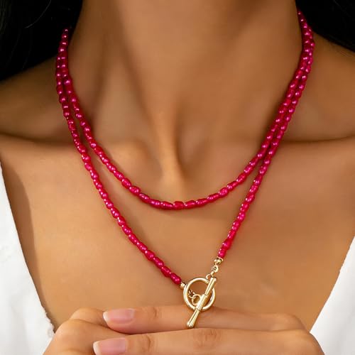 Red Beaded Necklace for Women Choker Gold Toggle Clasp Layered Stack Dainty Statement Western Boho Trendy Summer Vacation Necklaces Birthday Jewelry Gifts - color: C1:Red Beaded Necklace