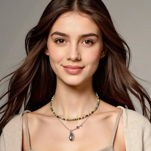Beaded Gemstone Necklaces for Women Colorful Boho Choker Necklace Beauty And Spirit For Women (blue-silver) - color: mix-green