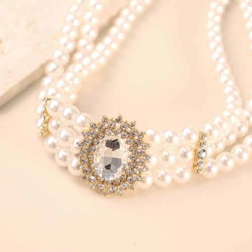 Bethynas Boho Layered Pearl Rhinestones Choker Necklace Vintage Chunky Pearl Crystal Pendant Short Necklace Chain Bridal Prom 1920s Costume Party Jewelry for Women - color: Pearl 8 - white