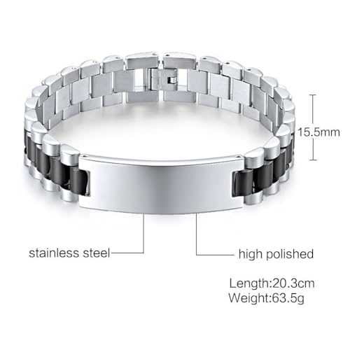 Custom Mens Bracelet Personalized Watch Band Engraved Name Bracelets for Men Customized ID Cuff Wristband Gift for Dad Husband - style: Silver&Black-1.5cm