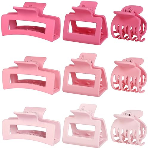 CHANDAT Medium Claw Hair Clips Set for Women - 3 Styles, 9PCS Rectangle Hair Clips for Thick Hair, Square Clips for Thin Hair - Pink - color: Pink