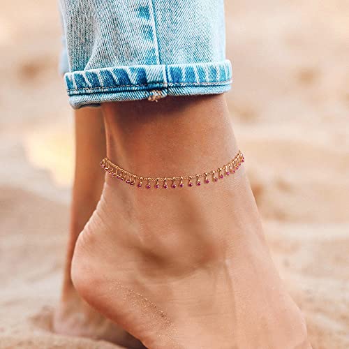 MTMY Gold Anklets for Women 14K Gold Plated Tiny Bead Anklet Colorful Tassel Foot Chain Dainty Adjustable Cute Summer Beach Boho Anklets Jewelry Gift - style: nano-rose