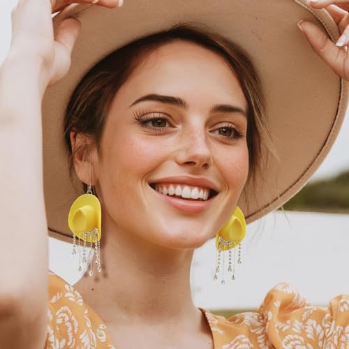RechicGu 3 Pairs Western Cowgirl Cowboy Hat Earrings Set Silver Symmetric Boots Sparkly Rhinestone Tassels Drop Dangle Rural Culture Earrings Set For Women - color: Silver Boots,Yellow Hat