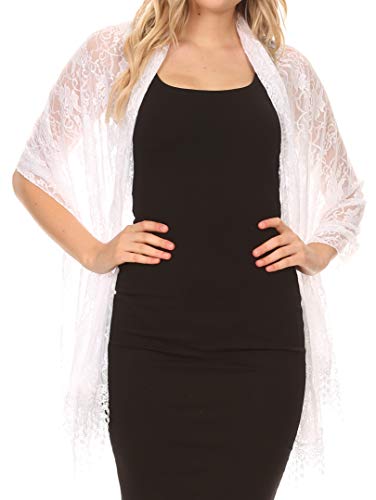 Sakkas Mari Women's Large Lightweight Soft Lace Scarf Wrap Shawl Floral and Fringe - color: White Lace