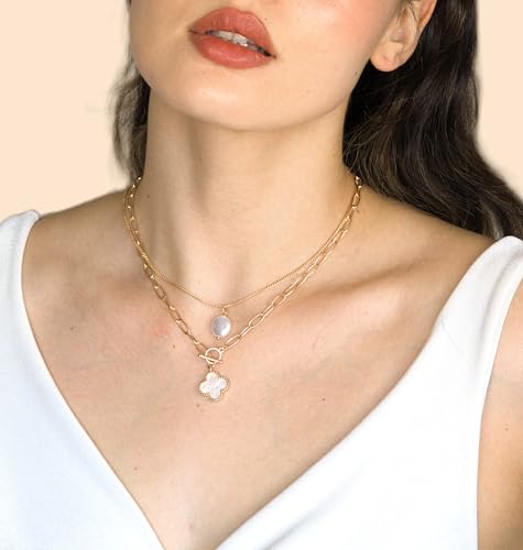 POMINA Chunky Thick Coin Necklace Trendy Fashion Statement Toggle Necklace Worn Gold Tone Pendant Thick Link Chain Layered Pearl Necklace - color: 2PC Clover/Pearl_Worn Gold