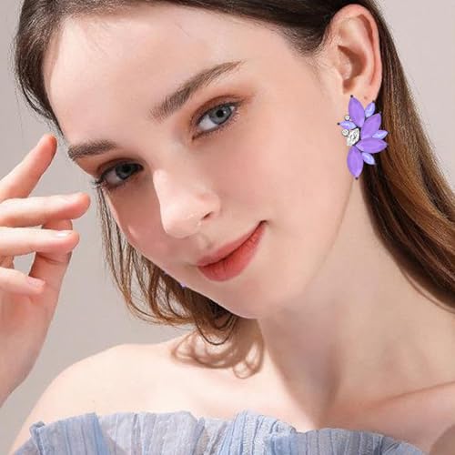 Bohemian Statement Sparkly Colourful Fancy Rhinestone Crystal Flower Dangle Drop Stud Earrings Vintage Wedding Bridal Prom Earrings for Women - color: Purple