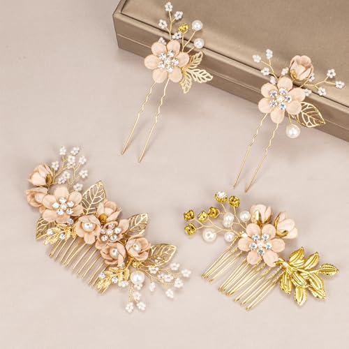 Floral Hair Comb Set for Women - 4PCS Bridesmaid Hair Accessories with Pink Flower Hairs Pins, Victorian Hair Clips for Wedding, Prom, Mother of Bride, Flower Girl (Rose Gold, Fake Flowers) - color: Pink Base