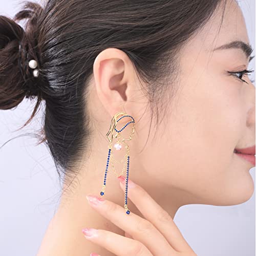 Unique Abstract Face Art | Dangle Statement Long Earrings for Women | Rhinestone Tassel Handmade Chandelier Earrings - color: Golden Blue Diamond