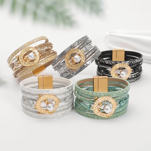 Long tiantian Boho Leather Wrap Bracelets Western Bracelets for Women Stackable Starfish Crystal Pearl Turquoise Leather Bracelet With Clasp Jewelry Gifts Boho Dresses - color: C4:green leather bracelet