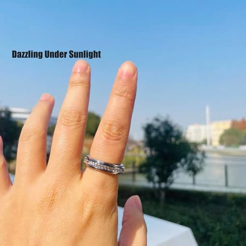 6mm Titanium Fidget Rings for Women Anxiety Relasing, Full Cubic Zirconia Ring Eternity Wedding Band Ring Love Statement Jewelry, Hypoallergenic Stainless Steel Gold Rings for Women No Tarnish - color: silver-fidget